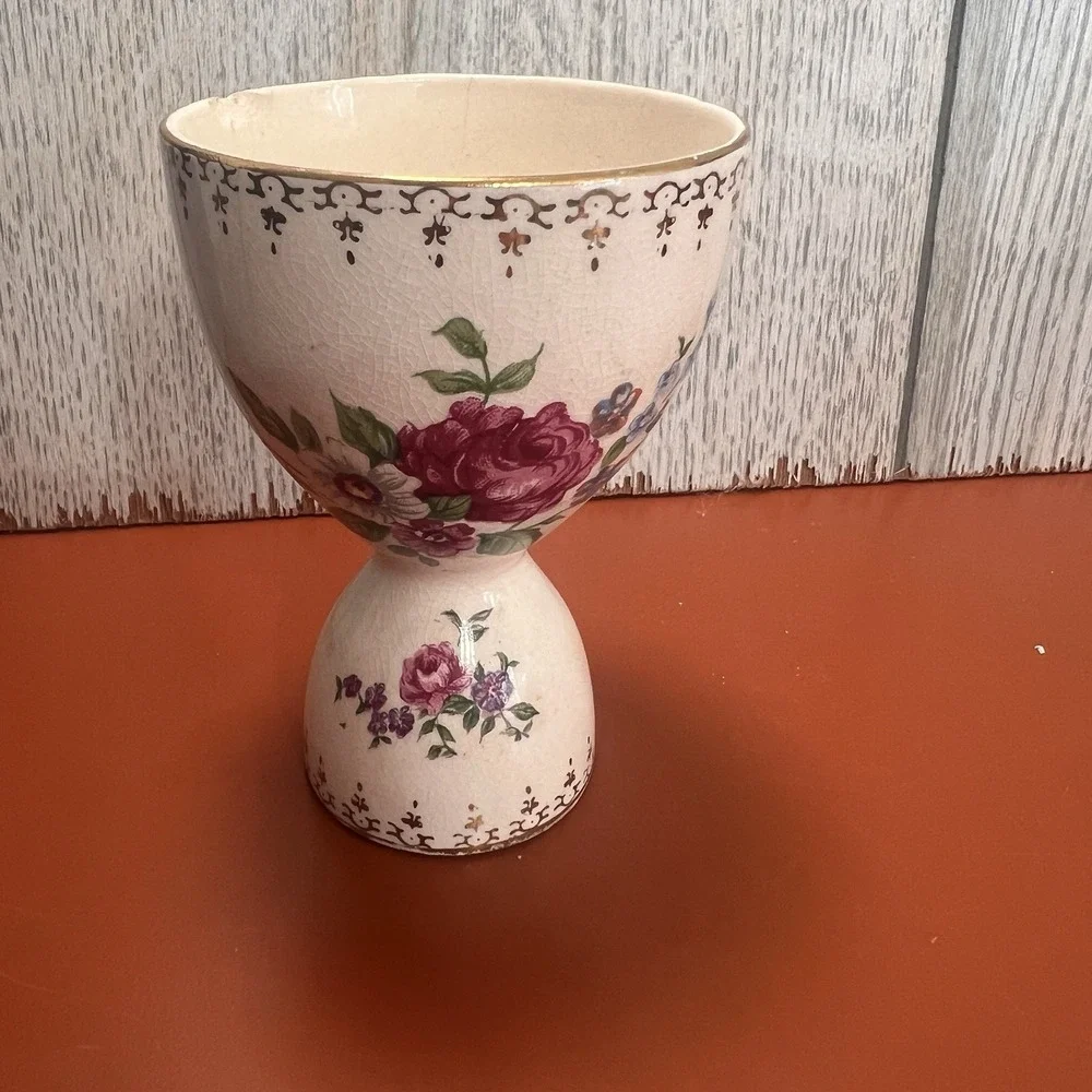 Vintage Double Egg Cup Japan Flower‎ golden trim floral delicate